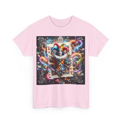 Harlequin Playing Card Graphic Tee for Unisex - Stylish Cotton Blend featuring a playful harlequin jester design in a colourful cosmic theme on a pink tee.