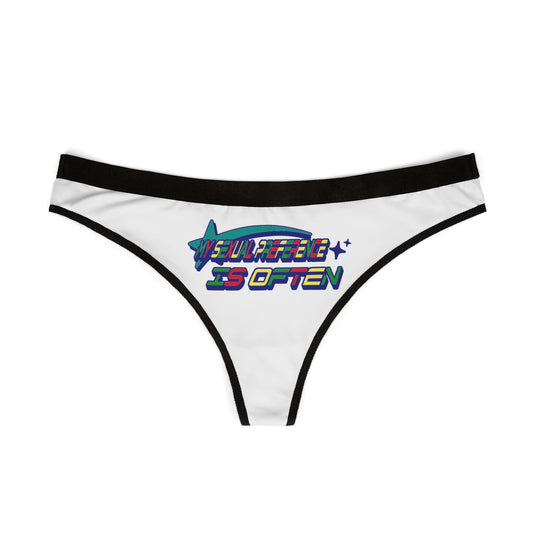 Chic white women's thong with bold, colourful text declaring 'MY SEXUAL PREFERENCE IS OFTEN', designed for those who embrace confidence and self-expression.