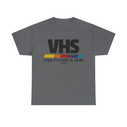 VHS Retro Logo Graphic Tee for Unisex in a deep charcoal colour, featuring the iconic VHS logo, combining comfort with timeless style.