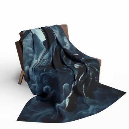 Halloween Spooky Jason Voorhees Arctic Fleece Blanket draped over a stylish chair, combining comfort and spooky elegance, ideal for Halloween festivities.