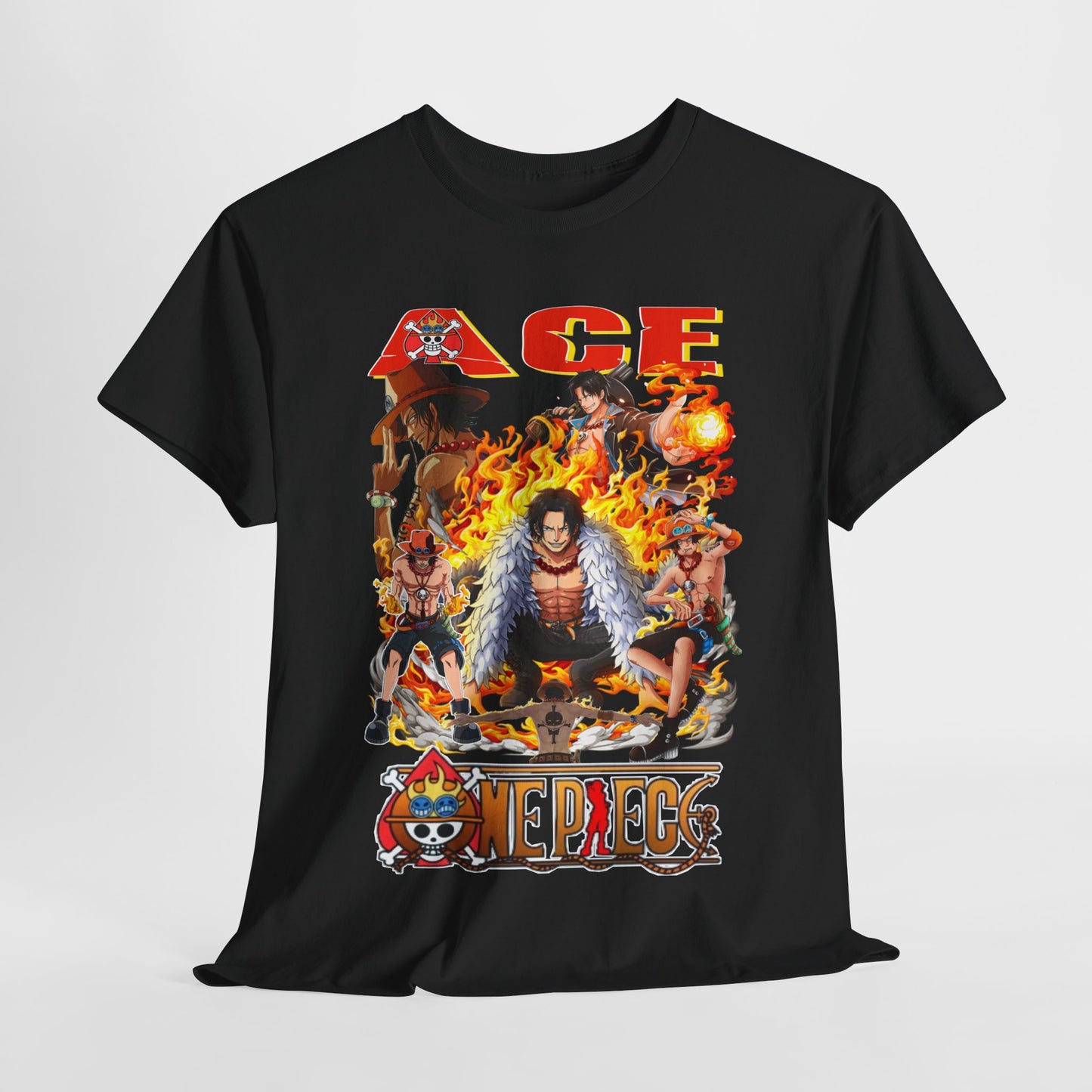 Men's luxurious graphic t-shirt featuring the dynamic Ace from One Piece, adorned with fiery flames and beloved characters, on a classic black background, embodying anime fashion elegance.
