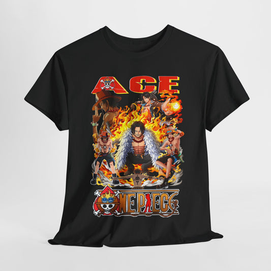 Men's luxurious graphic t-shirt featuring the dynamic Ace from One Piece, adorned with fiery flames and beloved characters, on a classic black background, embodying anime fashion elegance.