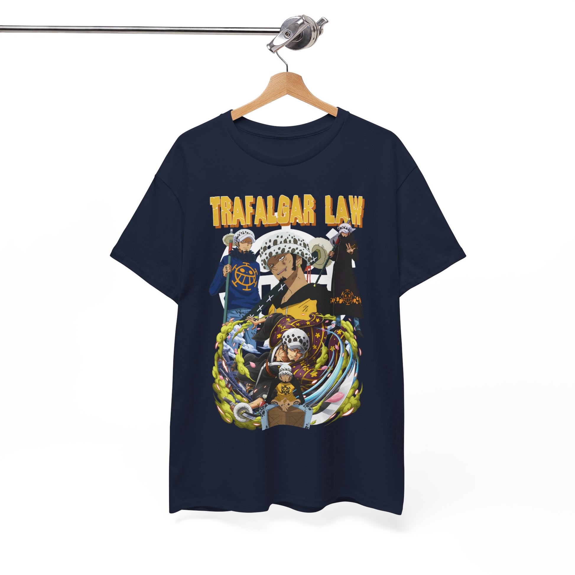 Chic navy T-shirt hanging elegantly, featuring an exquisite graphic design of Trafalgar Law, embodying casual elegance for anime enthusiasts.