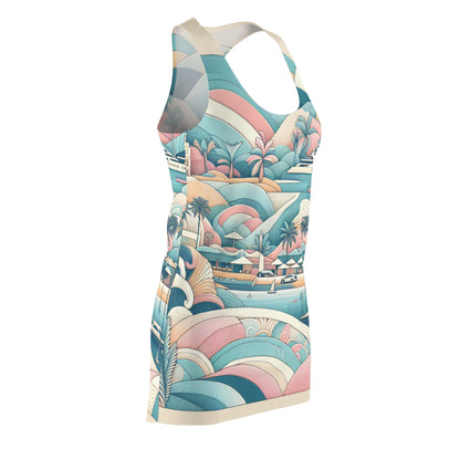 Elegant Marbella Inspired Racerback Dress by Dazzling Dreams Studio featuring luxurious pastel patterns, ideal for coastal chic summer occasions.