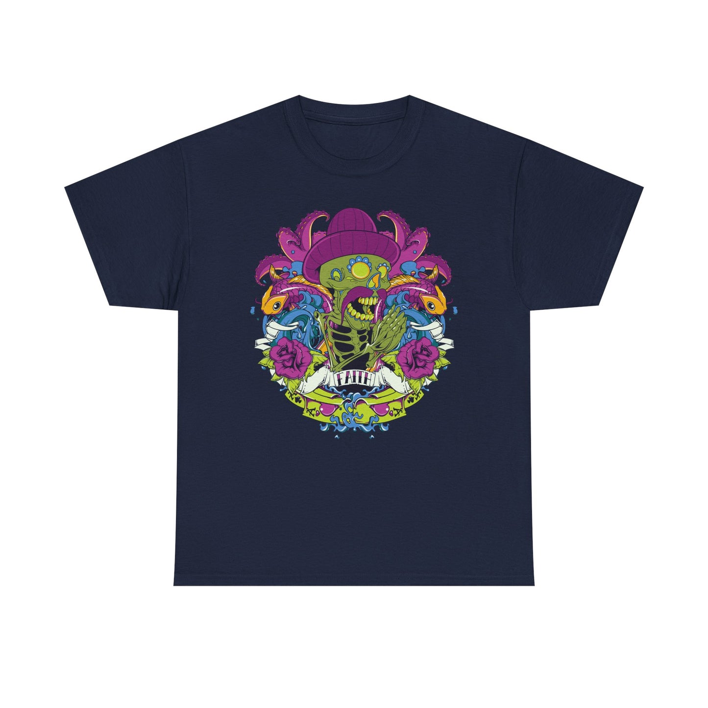 Sophisticated navy t-shirt featuring an eye-catching skeleton design with dynamic aquatic elements, making a refined fashion statement.