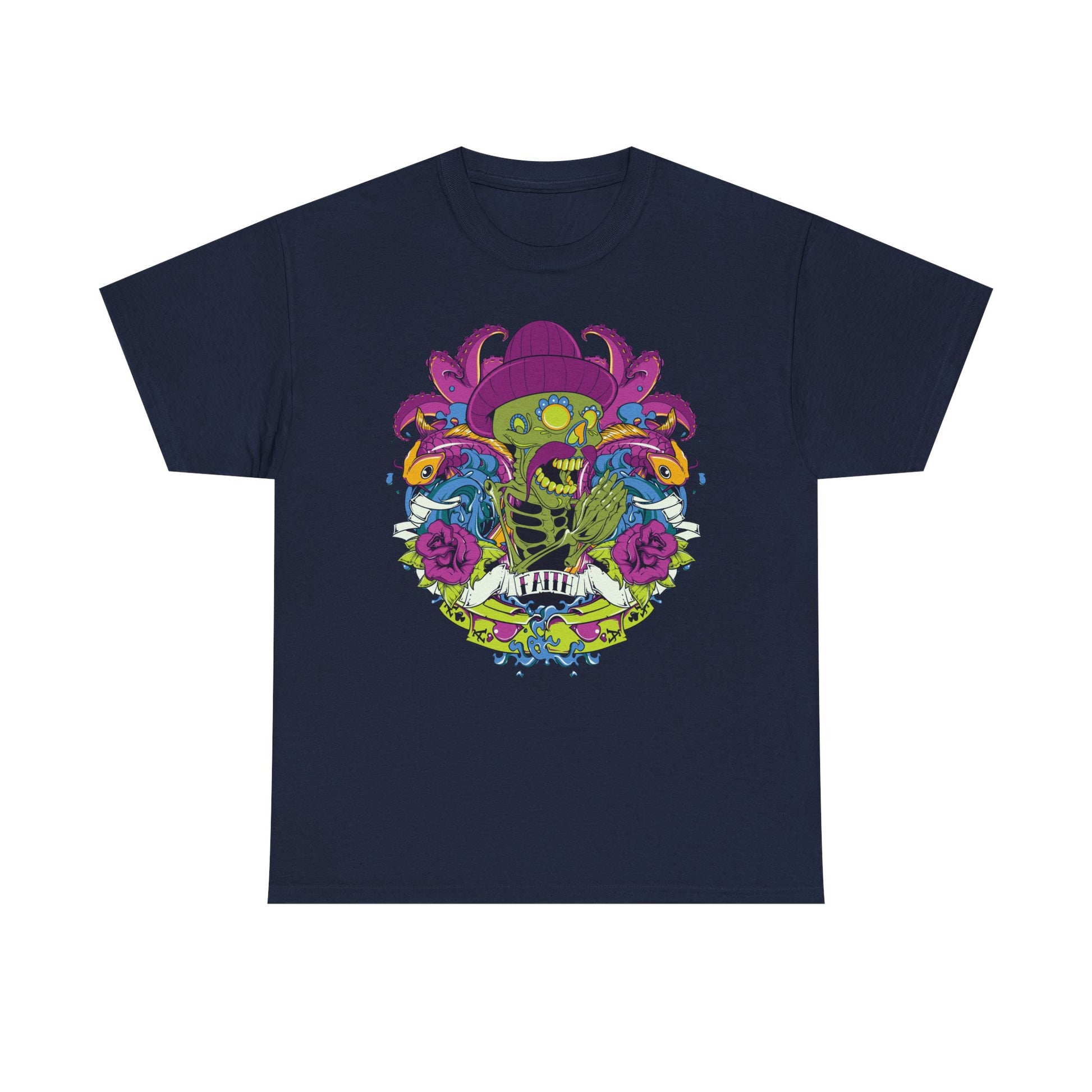 Sophisticated navy t-shirt featuring an eye-catching skeleton design with dynamic aquatic elements, making a refined fashion statement.