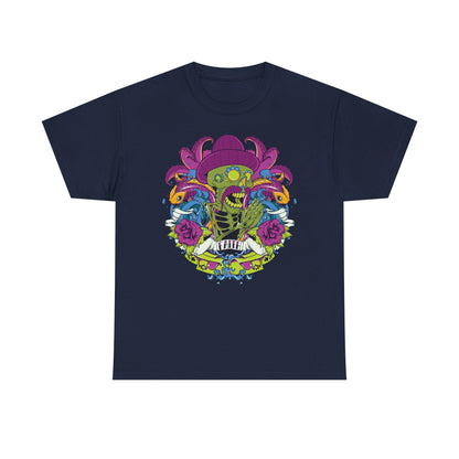 Sophisticated navy t-shirt featuring an eye-catching skeleton design with dynamic aquatic elements, making a refined fashion statement.