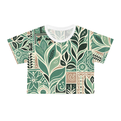 Vibrant modern pattern crop top by Dazzling Dreams Studio featuring a stunning blend of block prints and organic shapes in soft pastel green.