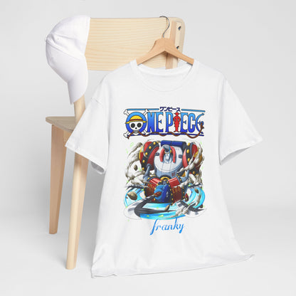 Chic presentation of a One Piece Franky t-shirt hung alongside a cap, showcasing a vibrant design that celebrates the essence of the iconic anime character Franky.
