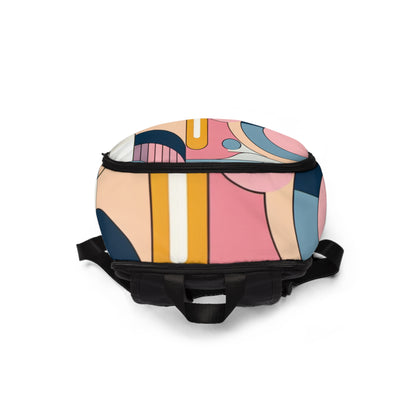 Elegant Modern Abstract Backpack from Dazzling Dreams Studio featuring pastel hues and geometric design, ideal for art enthusiasts seeking a stylish accessory.