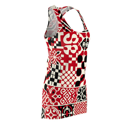 Stylish racerback silhouette of exquisite red dress with block print by Dazzling Dreams Studio, perfect for any occasion.