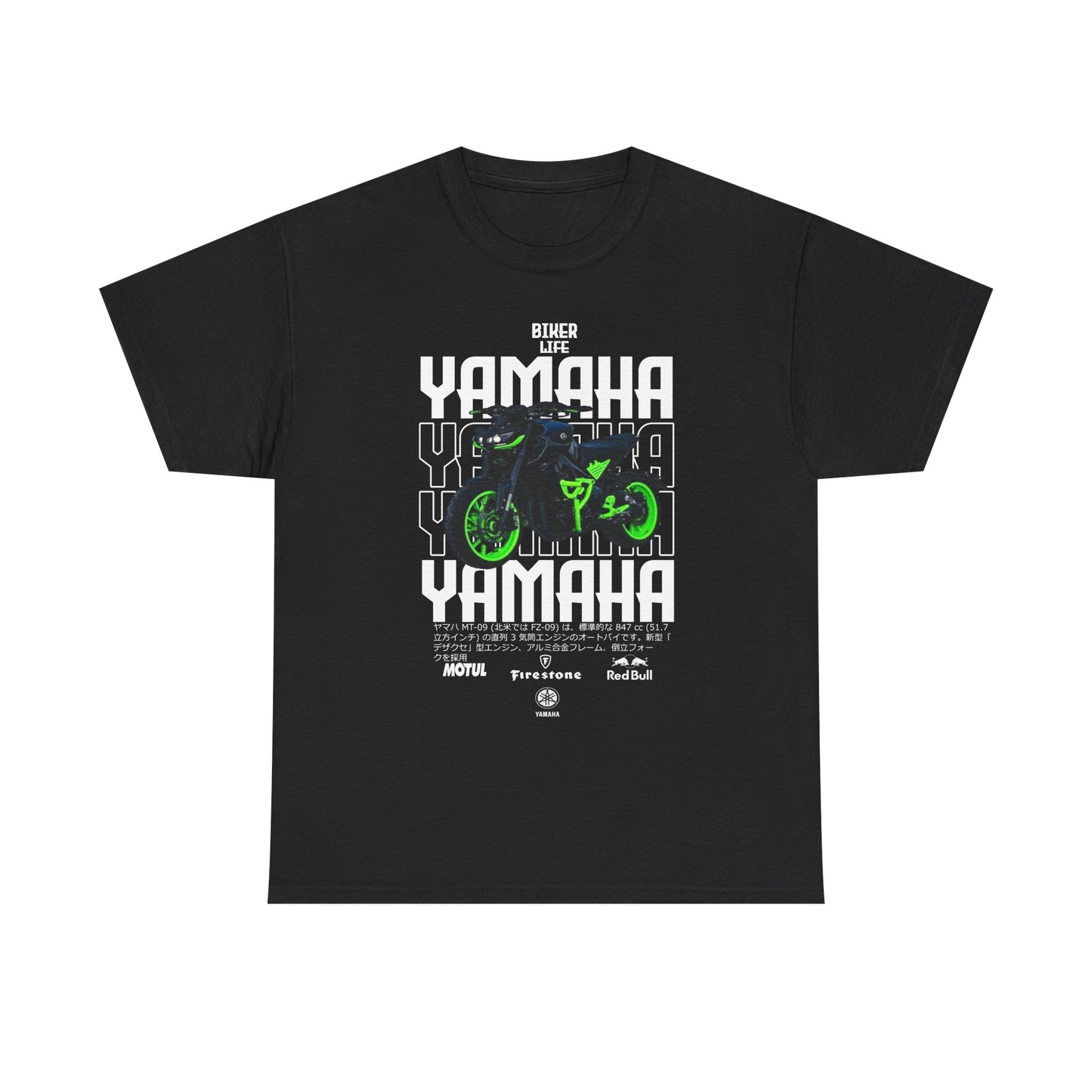 Elegant black men's t-shirt showcasing a captivating Yamaha motorcycle graphic with bright green highlights, accompanied by bold text 'BIKER LIFE' and 'YAMAHA,' ideal for those who embrace the thrill of riding with sophisticated flair.