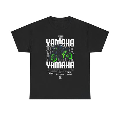 Elegant black men's t-shirt showcasing a captivating Yamaha motorcycle graphic with bright green highlights, accompanied by bold text 'BIKER LIFE' and 'YAMAHA,' ideal for those who embrace the thrill of riding with sophisticated flair.