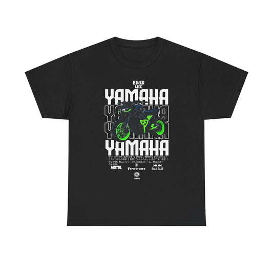 Luxury Men's T-Shirt featuring a striking Yamaha motorcycle graphic in black and electrifying green accents, embodying the spirit of biker life.