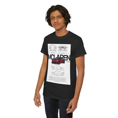 Distinctive McLaren 720S T-Shirt modeled by a gentleman, featuring intricate detailing of technical car drawings, a must-have for luxury car lovers.