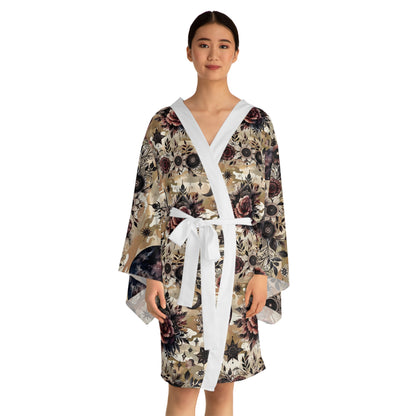 Floral Kimono Robe for women, showcasing a stunning floral design and luxurious fabric. Ideal for designer loungewear and boho chic bathrobe style.