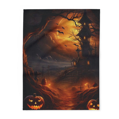 Decorative and Warm Halloween Spooky Arctic Fleece Blanket featuring a hauntingly beautiful scene of a gothic mansion under a glowing orange moon, surrounded by jack-o'-lanterns and bats, perfect for adding a luxurious touch to your Halloween decor.