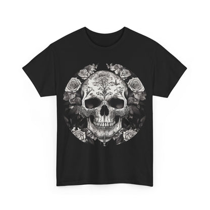 Front view of the Skulls and Roses Cotton Tee, Unisex Graphic Shirt in black, featuring a striking skull and rose graphic, perfect for alternative fashion enthusiasts.