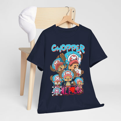 Elegant navy blue t-shirt featuring a vibrant graphic of Chopper from anime, embellished with playful poses and expressions, perfect for anime enthusiasts.
