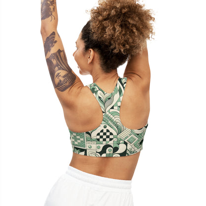 Vibrant Pastel Green Sports Bra with Checkerboard Motifs and Block Prints on a model from behind, showcasing the stylish cut and modern design, perfect for stylish workouts.