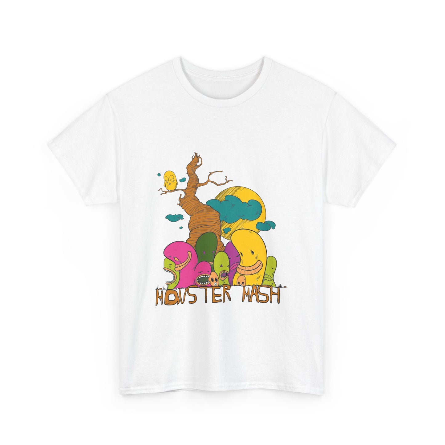 Luxury Monster Mash T-Shirt featuring a bold cartoon design with whimsical tree and colorful creatures, perfect for playful style.