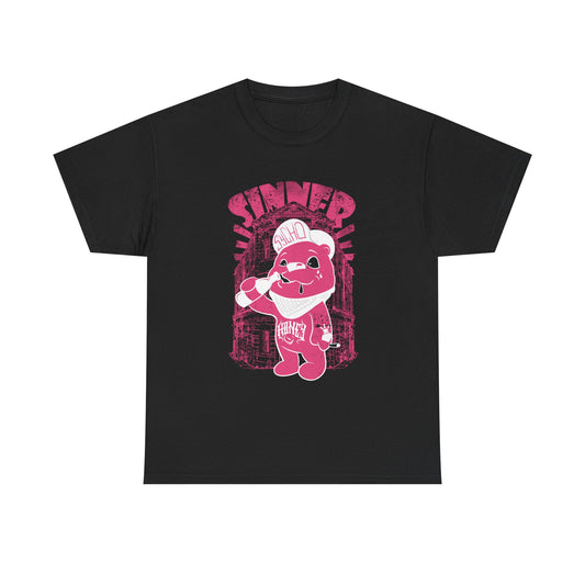 Luxurious Gangsta Bear Men's T-Shirt in black featuring a vibrant pink graphic of a gangster bear with the word 'SINNER', accessorized with a baseball cap and stylish tattoos.