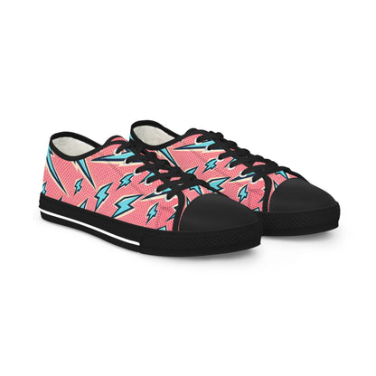 Zara Thunderstrike Pop Art Pattern Low Top Sneakers by Printify featuring a vibrant pink canvas with eye-catching pale blue lightning bolt design, perfect for making a bold fashion statement.