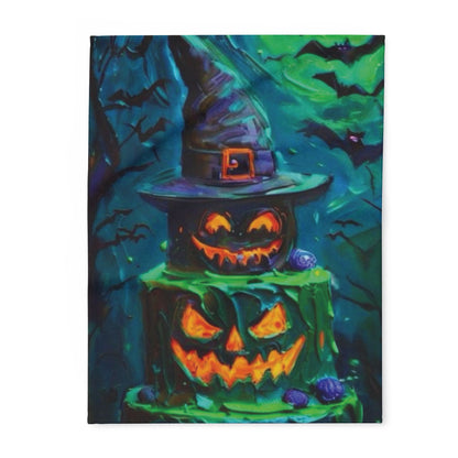 Decorative and Warm Halloween Spooky Arctic Fleece Blanket featuring a vibrant illustration of stacked jack-o'-lanterns adorned with a witch's hat, set against a mysterious green and blue haunted backdrop, perfect for adding a touch of luxury to your Halloween decor.