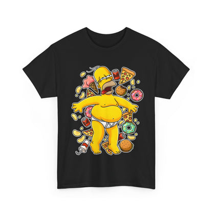 Homer's Gluttonous Glory Unisex Cotton Tee Graphic T Shirt in black, featuring a colourful artwork of Homer Simpson indulging in a feast of delicious food.