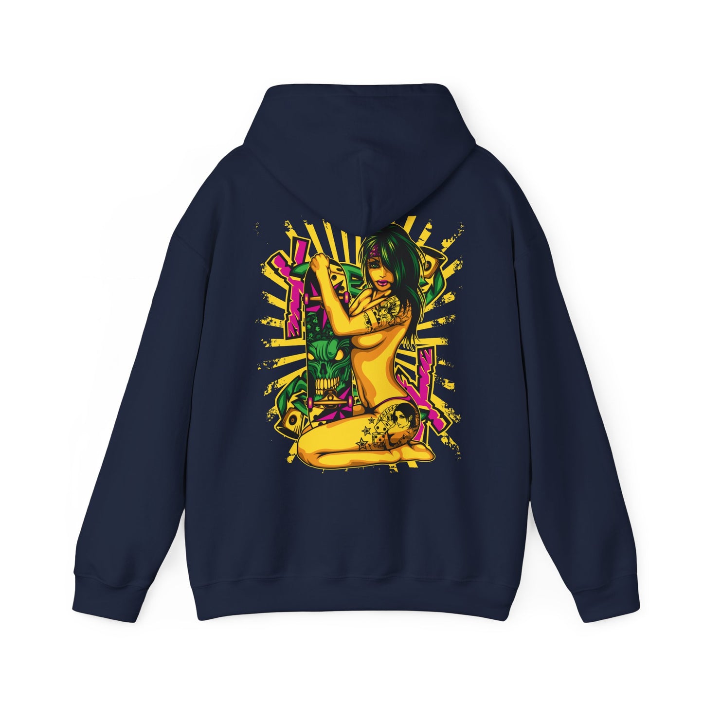 Elegant navy hoodie showcasing a vibrant pop art skateboard design featuring a stylish figure with bold tattoos, perfect for trendsetters.