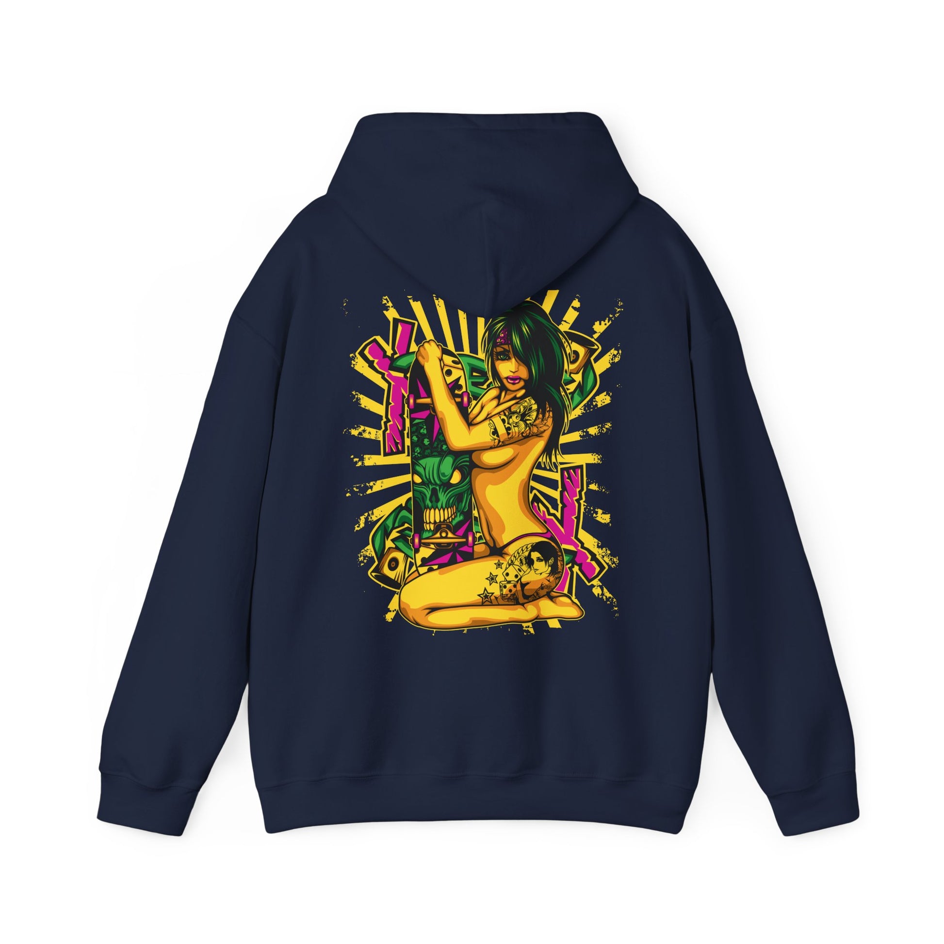 Elegant navy hoodie showcasing a vibrant pop art skateboard design featuring a stylish figure with bold tattoos, perfect for trendsetters.