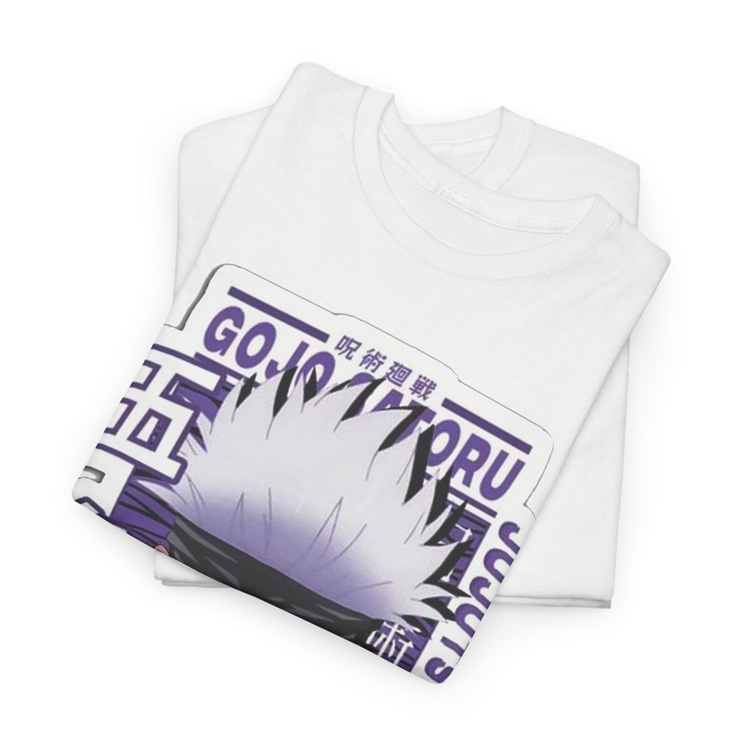 Elegant Gojo Satoru T-shirt showcasing striking purple and gray anime design, folded neatly for a luxurious presentation.