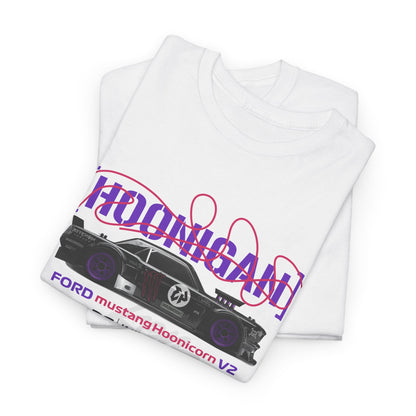 Chic display of folded Ford Mustang Hoonicon V2 t-shirts in white, featuring a luxurious design with a distinctive graphic of the iconic racing car and stylish purple text.