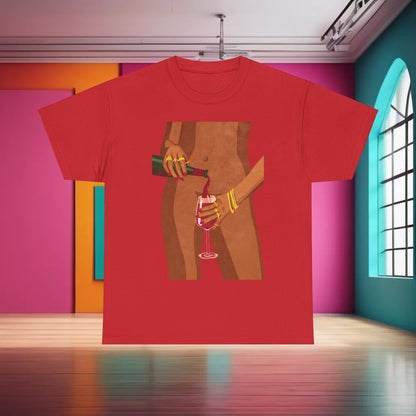 Vibrant Wine Glass Womens Graphic T-Shirt Urban Cotton Tee in rich red featuring an artistic depiction of a woman elegantly pouring wine into a glass, beautifully illustrating luxury and liveliness.