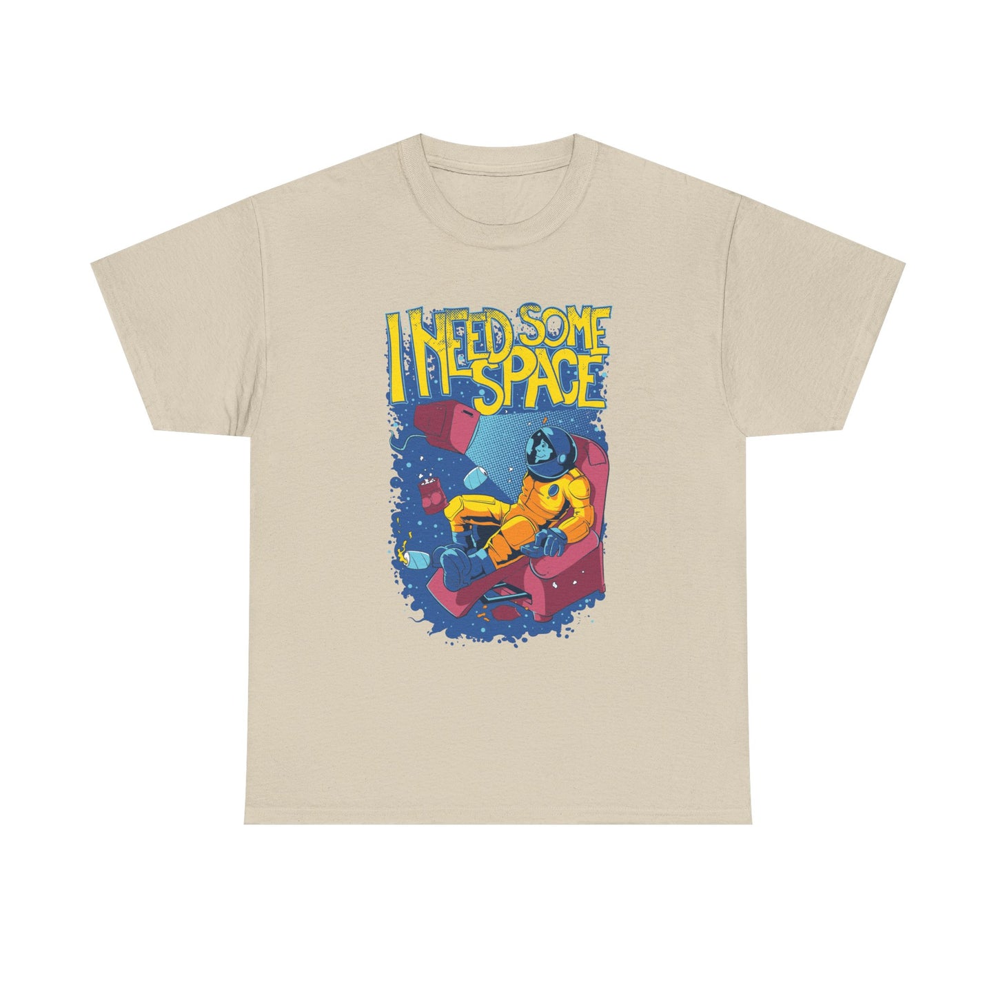 Elegant Retro Astronaut T-Shirt in cream colour featuring a whimsical cosmic design with 'I NEED SOME SPACE', ideal for sophisticated casual outings.