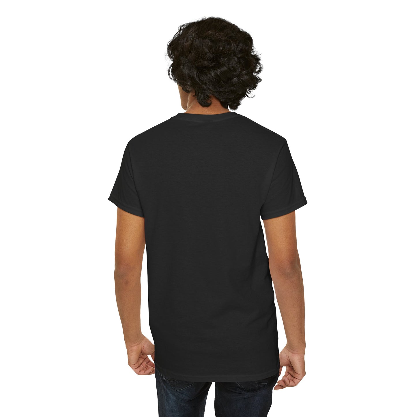 Back view of a stylish male model in a luxurious black T-shirt, featuring a striking marine anime design, ideal for casual or fashionable outings.
