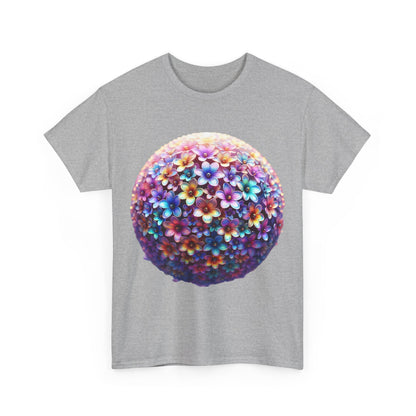 Front view of the Iridescent Floral Sphere Unisex Cotton Tee in grey, adorned with a striking floral sphere design that radiates elegance.
