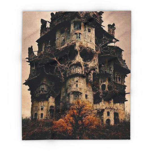 Decorative and Warm Halloween Spooky Arctic Fleece Blanket showcasing a mysterious haunted mansion with gothic elements, ideal for creating a sophisticated Halloween aesthetic in your space.