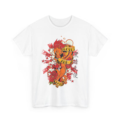 Sophisticated white men's t-shirt showcasing a vibrant fiery dragon graphic along with floral motifs and captivating banners displaying 'LOVE' and 'AND', embodying trendy artistry.