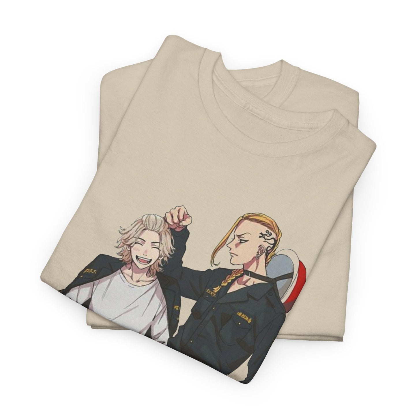 Folded Tokyo Revengers anime t-shirt showcasing a chic design with two stylish characters, perfect for layering in a trendy outfit.