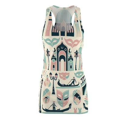 Elegant Venetian Pastel Rosewood Racerback Dress by Dazzling Dreams Studio featuring intricate gondola and carnival mask designs, perfect for luxury occasions.