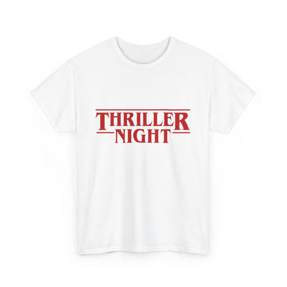Front view of a white unisex t-shirt featuring 'THRILLER NIGHT' from Stranger Things in bold red, a chic choice for casual wear.