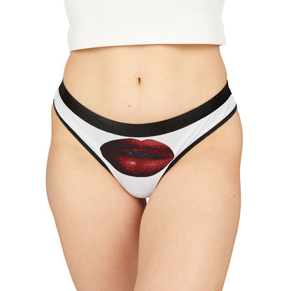 Elegant women's thong featuring a striking red lip graphic, embodying playful romance and allure, perfect for special occasions like Valentine's Day.