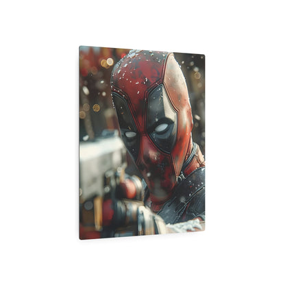 Elegant display of the Deadpool Metal Art Poster at an angle, showcasing the premium matte aluminium surface and artistic appeal.