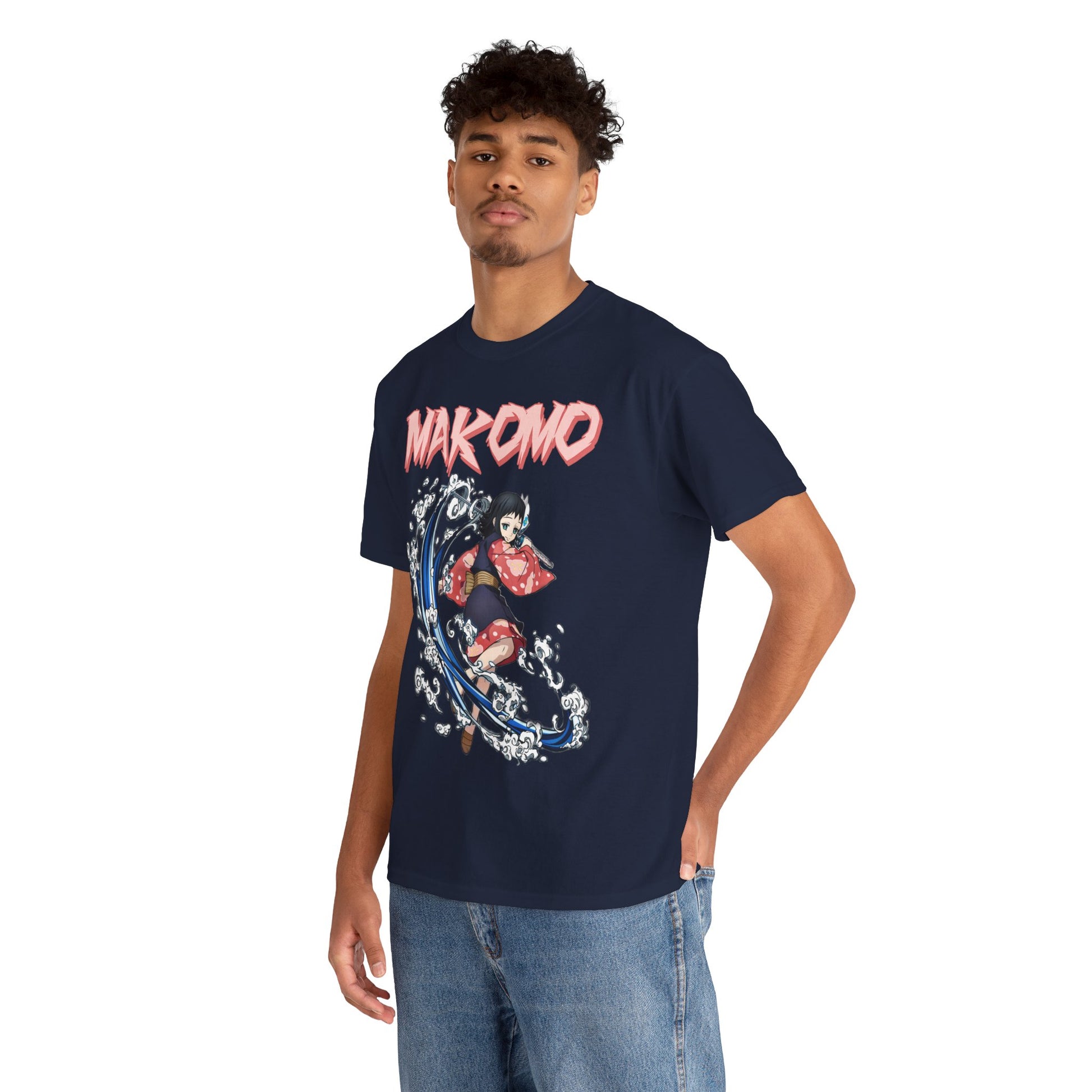 Model wearing a navy blue T-shirt adorned with a dynamic illustration of the character Makomo amidst a swirling water motif, perfect for anime fans.