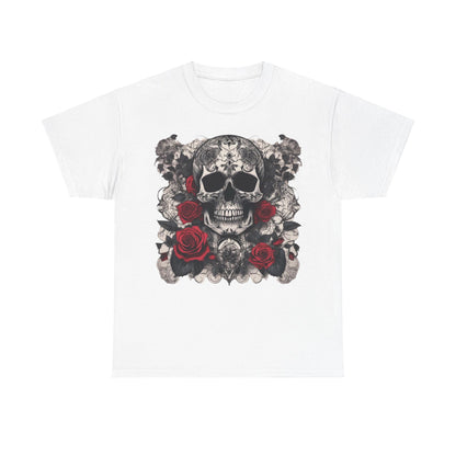 Elegant Skulls and Roses Cotton Tee in white, featuring a striking skull and rose graphic design, capturing a blend of sophistication and bold artistry.