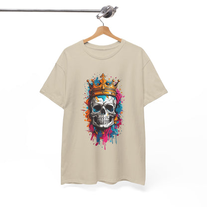 Elegant T-shirt displayed on a hanger, showcasing a striking skull graphic crowned with intricate details and vibrant hues, embodying a blend of edgy and refined style.