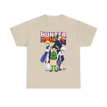 Elegant Hunter x Hunter Elite T-Shirt in beige with captivating illustration of beloved characters Gon, Killua, and others, perfect for discerning fans.