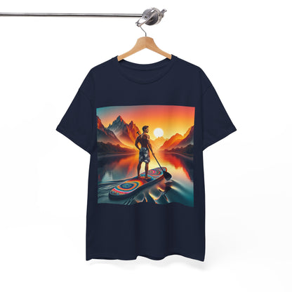 Detailed view of the unique paddleboarding scene printed on the Serene Paddle Board T-Shirt by Dazzling Dreams Studio.