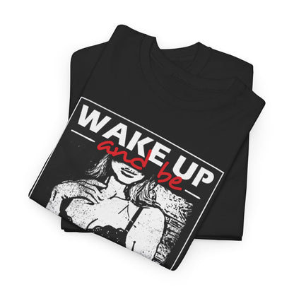 Stylish black graphic tee featuring the bold text 'WAKE UP and be F***ing AWESOME' alongside an elegant illustration of a woman in lingerie, perfectly blending edgy humour and luxury fashion.